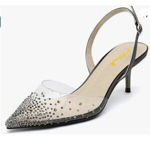 FSJ Women Studded Clear Pumps Sparkle Rhinestones Mid Low Heel Sandals Black